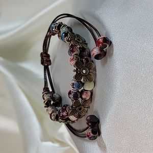 Marbled Pottery Bead Floral Charm Adjustable Bracelet, handmade